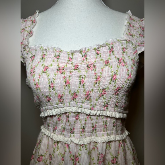 Pink Floral cotton stripe Print Prairie flutter sleeve Dress sweet girlie cute M - Picture 4 of 10